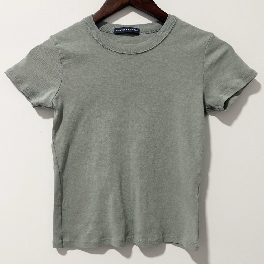 Brandy Melville Hailie Basic Top Womens Babydoll Ribbed Sage Baby Short Sleeve